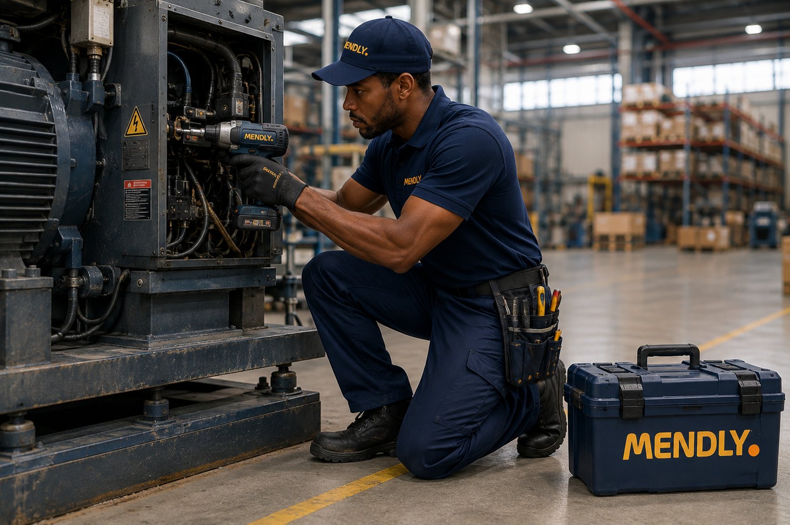 A Mendly technician servicing a factory motor, branded toolbox beside him