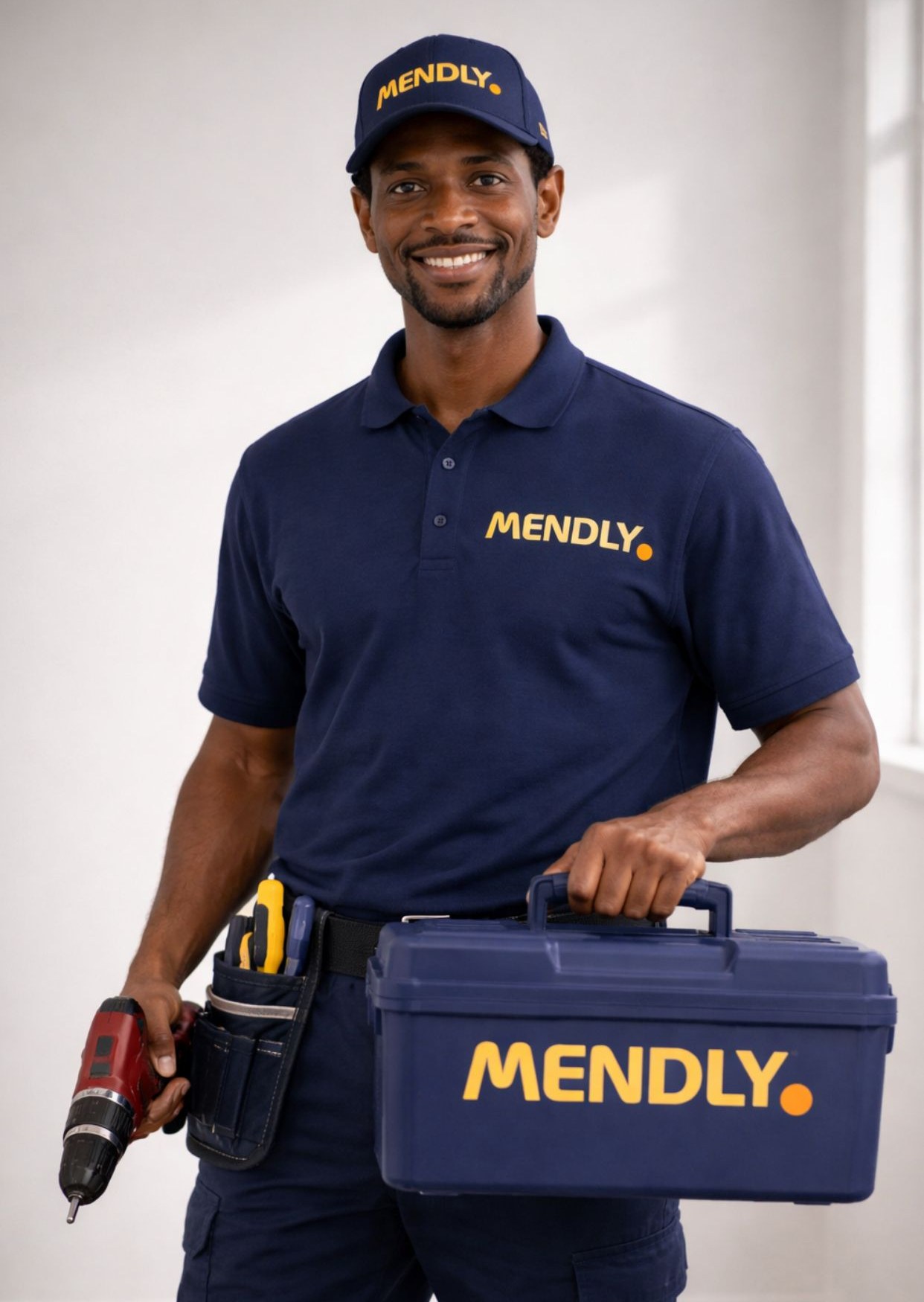 A Mendly field technician in a navy uniform and cap, holding a drill and the branded Mendly toolbox he brings on every job